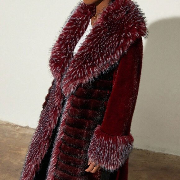 Burgundy Casual Slim Fit Women's Faux Fur Coat - Picture 4 of 7